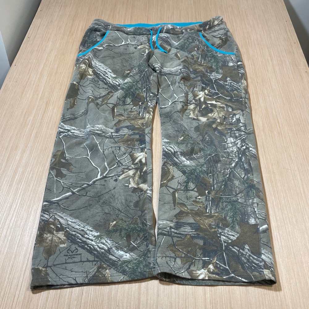 Realtree Sweatpants Women XXL Xtra Camo Turquoise Trim Fleece Wide Leg W316630